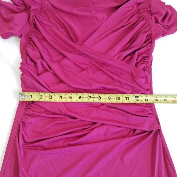 Wrap Look Cross Front Fuchsia Pink Dress MEDIUM Stretch Short Sleeve Ruching - Picture 6 of 10